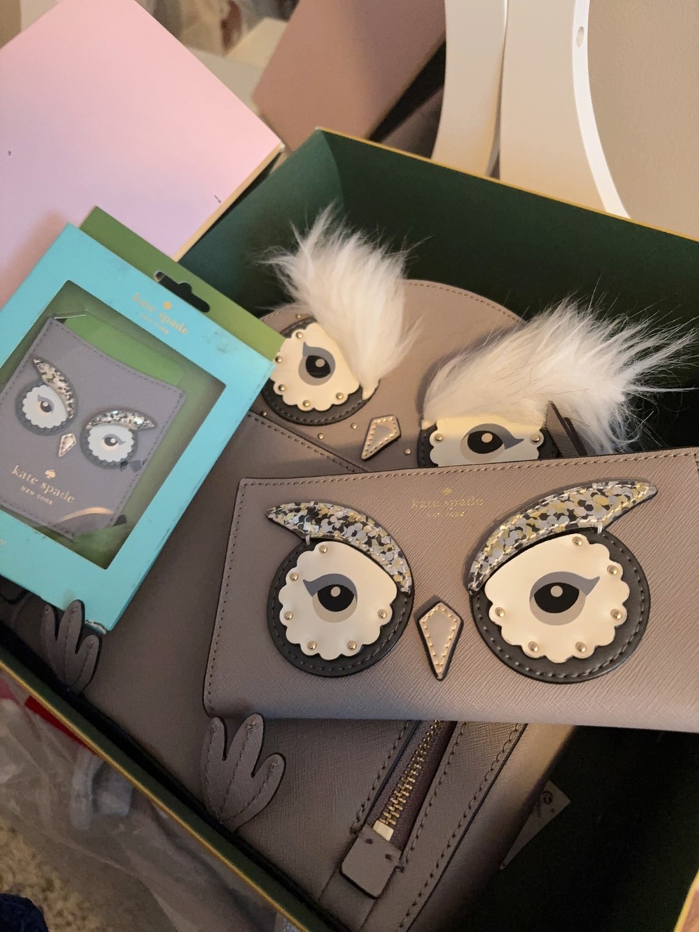 kate spade taupe owl appliqué backpack, matching wallet and card case set